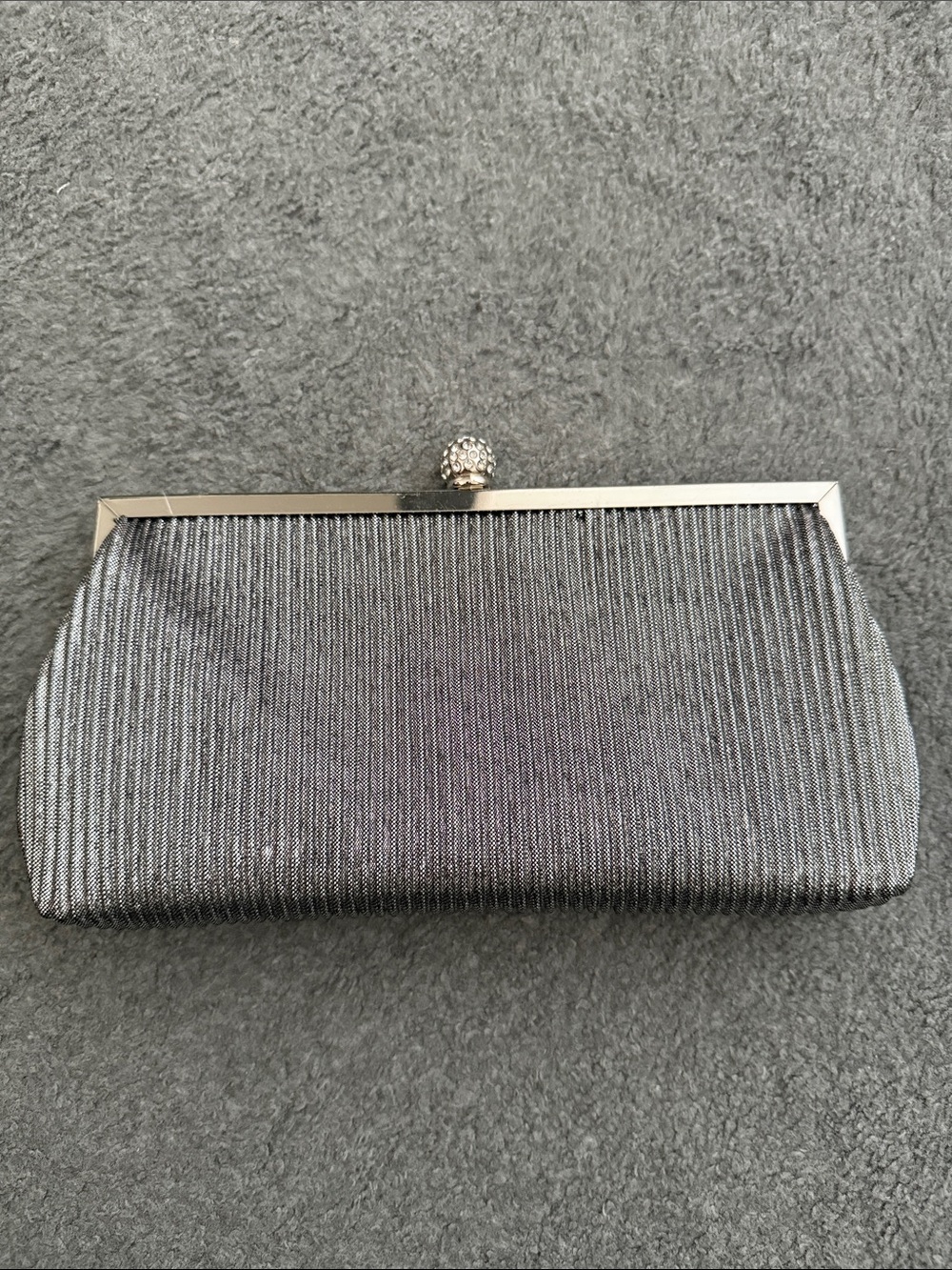 Nina Silver Metallic Evening Clutch with Crystal Kiss Lock